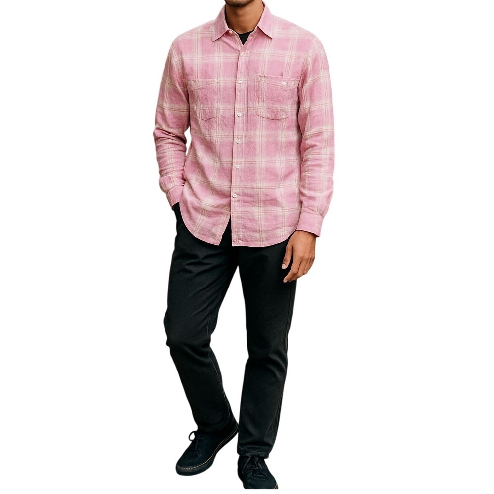 Polo Ralph Lauren Mens M Pink Plaid Linen Button Down Shirt Long Sleeve EUC